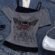 Women's Casual Retro Grunge Punk Goth Skull Thorn Rose Wing Print Contrast Color 2 In 1 Short Sleeve