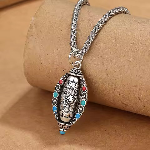 Blessing Om Mani Padme Hum Buddhist Sutras Necklace Male Choker Accessories Retro Prayer Wheel Penda