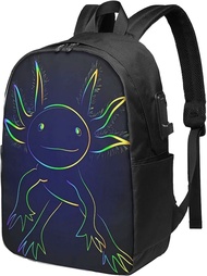 Auronewt Stylized Rainbow Axolotl Backpacks 17 Inch Travel Laptop Backpack College Book Bag For Men Women With USB Charging Port