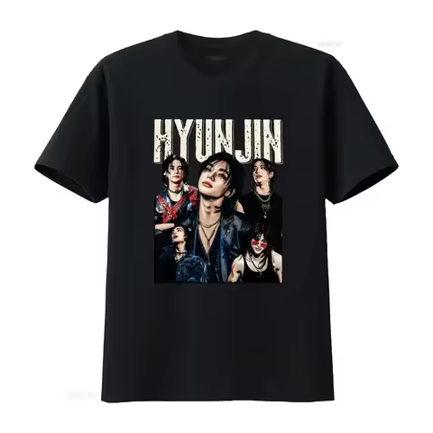 Vintage Streetwear Hyunjin Kpop Idol Collage Print Casual T Shirt vintage Washed Versatile fashion S