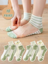 10入組女士水晶絲短袜,薄款可愛風格,夏季,靈感來自日式酪梨冰沙玻璃絲袜