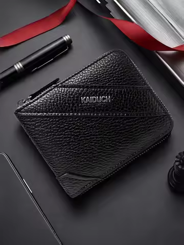 Men Pebbled PU Leather Zip Around Bifold Wallet, 4 Card Slots 2 ID Windows Zipper Coin Pocket, Busin