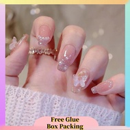 【Free Glue】24Pcs Exquisite Pearl Butterfly Fake Nails with Glue DIY Art Design False Nails Wearable 