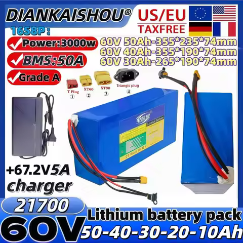 High Power 3000W 21700 Lithium Battery Pack for Motorcycle Tricycle 10Ah 20Ah 30Ah 40Ah 50Ah 60V wit