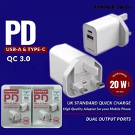PINENG ADPATER  DUAL OUTPUT PORTS UK STANDARD QUICK CHARGE 20W MAX USB-A & TYPE -C  PN-505 adopter