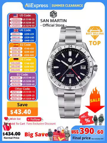 San Martin 39mm Aventurine Gemstone Dial Luxury Men's Watch NH34 GMT Automatic Mechanical Sapphire W