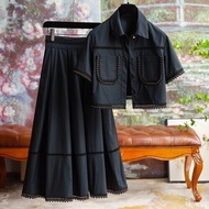 ชุดเดรส2ชิ้นสำหรับผู้หญิงแจ็คเก็ตสั้นฝรั่งเศสเสื้อผ้า Y2k แนวเรียบง่ายกระโปรงพลีทยาวสวยงาม