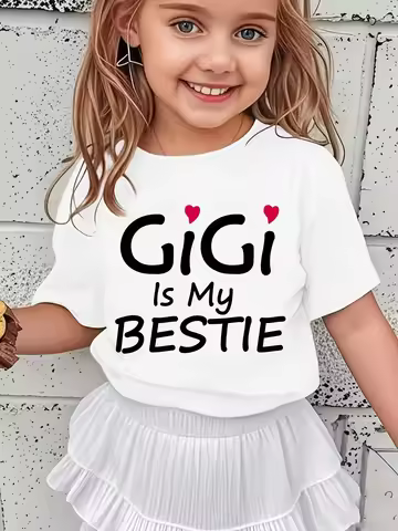 Kids Trendy Family Theme T Shirt GiGi Is My Bestie Heart Graphic Crew Neck Short Sleeve Summer Basic