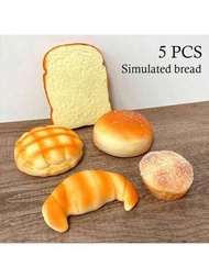 5入組麵包形狀帶香味的模型,有吐司,可頌,菠蘿包,芝麻包,適用於食品攝影道具,裝飾擺件