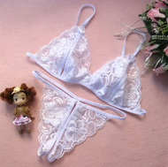 Z016/2R10 全城熱賣 - (白色) 開檔露乳比基尼 情趣內衣胸罩三點式 蕾絲性感睡衣套裝 丁字褲二件套