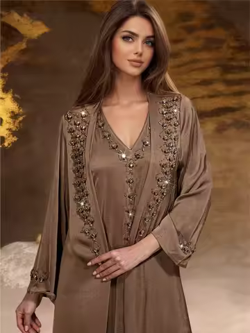 2PCS Luxury Women Cardigan Dress Set Muslim Elegant Hand Sewn Drill Loose Kaftan Dubai Party Banquet