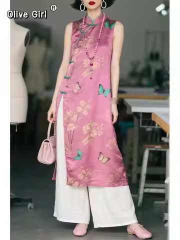 Olivegirl Pink Dress Qipao Cheongsams 2026 Spring Summer Shirt Printed Butterfly Flower Sleeveless H