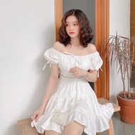 Set áo trễ vai nữ tay bồng phối chân váy tầng dáng ngắn ulzzang/ Set áo crt mặc 2 kiểu kèm chân váy 
