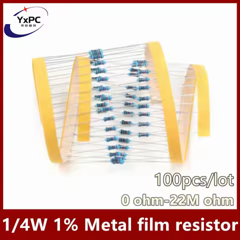 100pcs Metal film resistor 1/4W 1% 0R~22M 10R 110R 1R 6.8R 1K 1.5K 3.3K 6.8K 10K 22K 47K 100K 6.8M 1