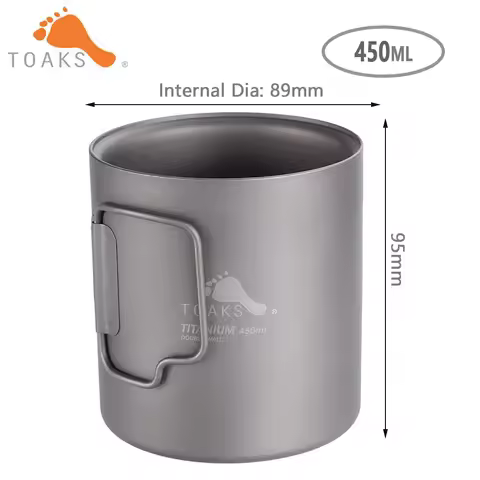 TOAKS Pure Titanium Cup Ultralight Outdoor Mug without Lid and Foldable Handle Camping Tableware 375