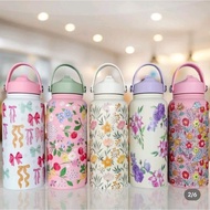 1000ml Aesthetic Stainless Steel Tumbler with Floral Pattern Straw Tumbler Tahan Sejuk