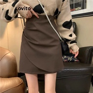 COD Lovito Casual Plain Ruched Skirts for Women LNE34145 (Coffee) Lovito Rok Kerut Polos Kasual untu