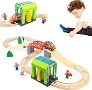 Wooden Train Set for Toddlers, Car Washer Station with Wooden Tracks, Expandable Changeable Train Toys Fits Thomas, Brio, Chuggington, Melissa and Doug for 3 4 5 6 7 Years Old Boys &amp; Girls