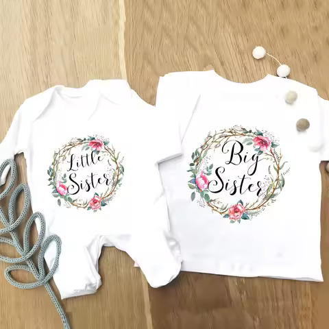Siblings Matching T-shirt & Baby Grow Big Sister Little Sister Family Match Outfits Pregnancy Annouc
