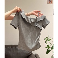 92153 Diagonal Collar Strapless Ruffled Slim-fit Short-sleeved T-shirt