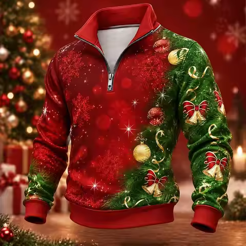 Men 1/4 Zip Pullover Sweatshirt Christmas Bell Bauble Tree Print Long Sleeve Tops