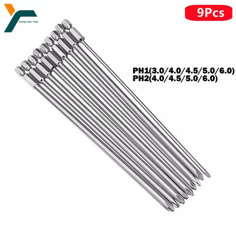 9Pcs Cross Screwdriver Bit 1/4'' Hex Shank Phillips Head Wind Drill 200mm Wrench Magnetic Socket Too