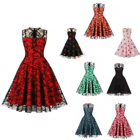 Women Vintage Embroidery Tulle Dress Elegant Slim Cocktail Tea Party 1950s Swing Dress Audrey Hepbur