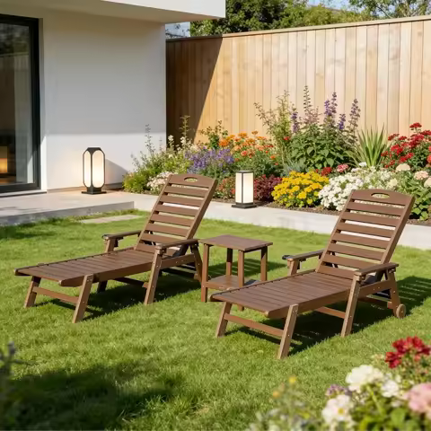 Pool Lounge Chairs Set of 2 with Table, HDPE Outdoor Chaise Lounge Chairs for Outside, Pool Loungers