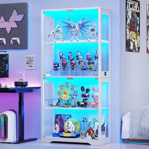 Display Cabinet with Glass Doors, 4-Tier Curio Cabinet with 3 Color Lights for Collectibles, Glass D