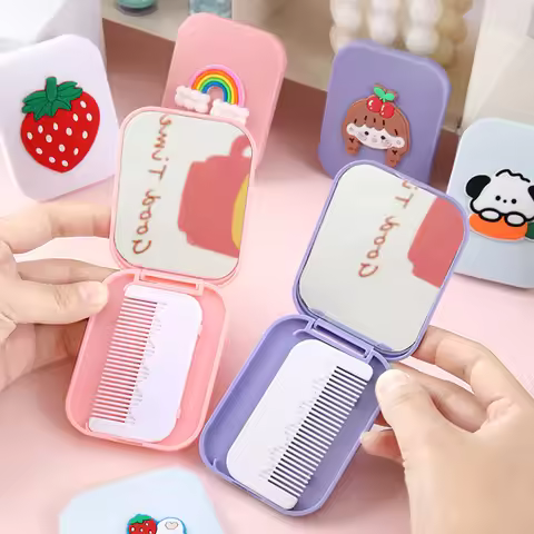 Kawaii Mini Folding Makeup Mirror Girls Cosmetic Make Up Vanity With Comb Portable Square Flip Pocke