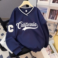 เสื้อสเวตเชิร์ตวินเทจลูกวงกลมแขนยาววัยรุ่นสตรีสีฟ้าขาว ลวดลายวิทยาลัยชุดกีฬาพอดีตัวแบบหลวมลายปักย้อน