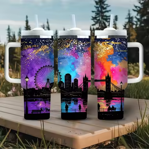 40oz Tumbler with Handle, Decorated with Watercolor Glitter City Skyline Silhouette Print, Fits All 