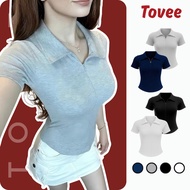 Short-Sleeve T-Shirt with Zipper Collar Tear Drop Flap Long Ribbed T-Shirt DD52, Women's Bodycon Pol