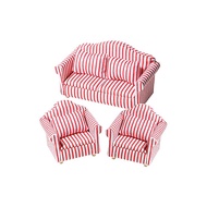 moin moin miniature 1/12th scale furniture sofa set of 3 pieces, B-piece / dollhouse, two-seater, one-seater, single, cushion, white, red, stripe, fabric, fabric doll, doll dolls, miscellaneous goods 2306mini15