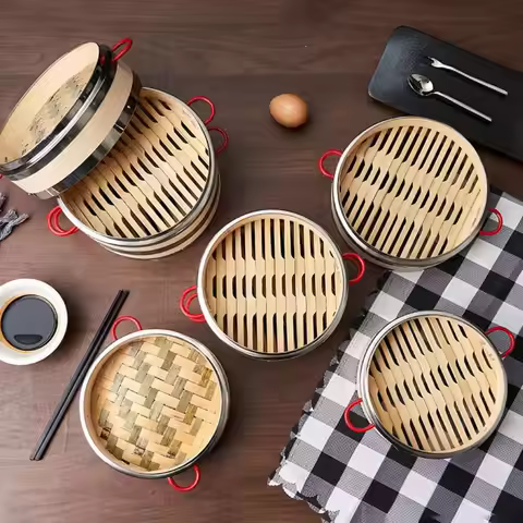 Round Aluminum Edge Bamboo Steamer Anti-scalding Handle Sealing Edge Steam Basket Breathable Bottom 