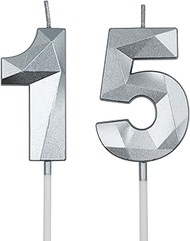 15th & 51st Birthday Candles for Cake, Silver Number 15 51 3D Diamond Shaped Candle Birthday Decorat