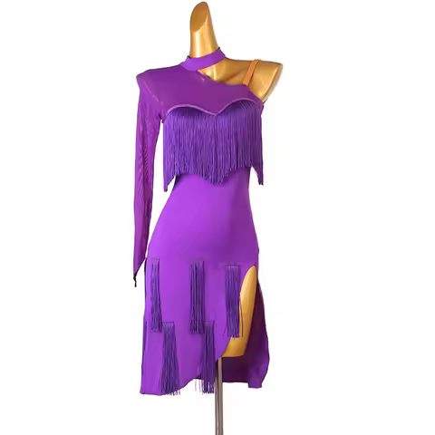 Samba Tassels Line Dance Dress Backless Denim Woman Costume Single Sleeve Cha Cha Cha Competition Cl