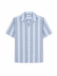 AIIZ (เอ ทู แซด) - เสื้อเชิ้ตผู้ชายแขนสั้นปกฮาวายผ้าคอตตอนลินินลายริ้ว Mens Striped Camp Collar Shor