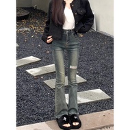[Lu77 Studio] Ripped Slightly Flared Trousers Blue Jeans Korean Version Genuine Pants High Waist Sli