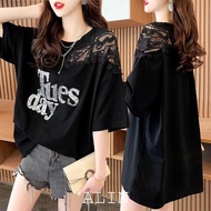 ALIN Plus Size Top Medium Half Sleeve Korean Version Fat mm Women's Clothing Design Sense Lace Stitching T-Shirt Women Summer Fashion Loose