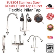 SUS304 Stainless Steel Double Pillar / Wall Twins Kitchen Sink Faucet Double Water Tap Flexible / Rotatable Sink Tap