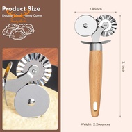 [Redpowderyan.] Pasta Cutter Wheel - Fluted Pastry Cutter Double Wheel Ravioli Cutter Tool with Wood