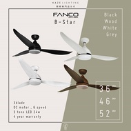 FANCO B-STAR 36 / 46 / 52 Inch DC Motor Ceiling Fan with 3 tone LED Light and Remote Control
