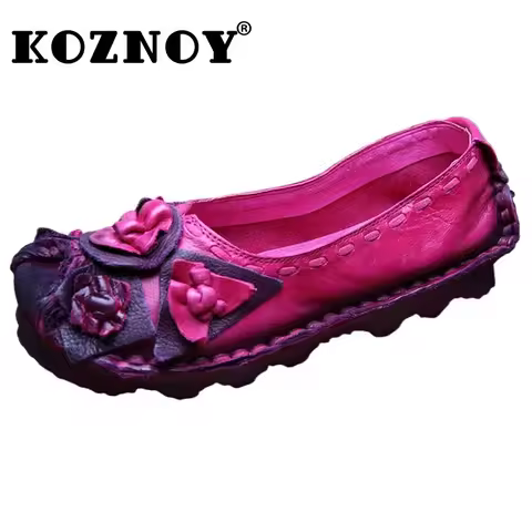 Koznoy 2cm Native Flats Shoes Women Mixed Color Soft Soled Loafer Ethnic Moccasins Natural Cow Genui