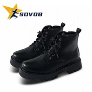 SOVOB รองเท้า Martin Boots สไตล์เกาหลีสำหรับผู้ชายแบบใหม่ รองเท้าเป็นหนังสีดำในสไตล์โรงเรียน เท้าแผ่