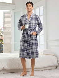 男士舒適格紋長袖浴袍,適用於家居