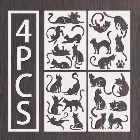 4PCS A4 Cat Theme Painting Stencil Set for DIY Craft Wall Card Decoration