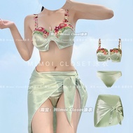 ชุดว่ายน้ำชิ้นเดียวสีเขียวเอฟเฟกต์เอวสูงสไตล์ฝรั่งเศสสำหรับผู้หญิง ชุดว่ายน้ำทรงเกาะอกแบบใหม่ของ Mim