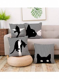 4入組超柔軟家居裝飾線描貓咪圖案靠墊套，適用於汽車、農舍、臥室、客廳沙發(不包含靠墊內芯)