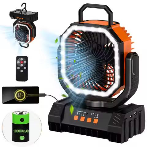 Camping Fan 10000mAh Battery Powered Fan 4 Speeds with LED Light/Hook Rechargeable Outdoor Fan Recha